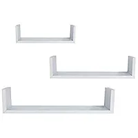 Solander Hanging Floating Wall Mount Display U Shape Engineered Wood Wall Shelf, Wall Rack Shelf for Living Room Decoration Set of 3 (White)-thumb2