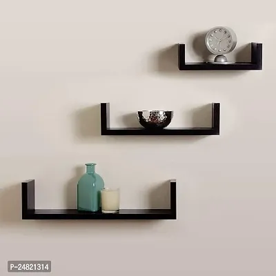 Solander Hanging Floating Wall Mount Display U Shape Engineered Wood Wall Shelf, Wall Rack Shelf for Living Room Decoration Set of 3 (Black)-thumb0