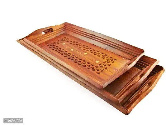 SABA Handicraft Wooden Coffee Tray Set of 3.Size 14inch 13ich 11ich Handcarved Coffee, Tea and Snacks Serving Trays-thumb2