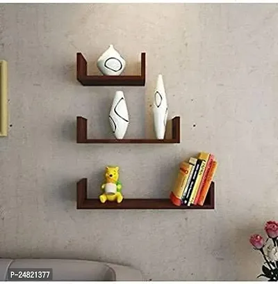 Solander Hanging Floating Wall Mount Display U Shape Engineered Wood Wall Shelf, Wall Rack Shelf for Living Room Decoration Set of 3 (Brown)-thumb2