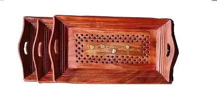 SABA Handicraft Wooden Coffee Tray Set of 3.Size 14inch 13ich 11ich Handcarved Coffee, Tea and Snacks Serving Trays-thumb2