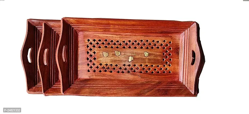 SABA Handicraft Wooden Coffee Tray Set of 3.Size 14inch 13ich 11ich Handcarved Coffee, Tea and Snacks Serving Trays-thumb3