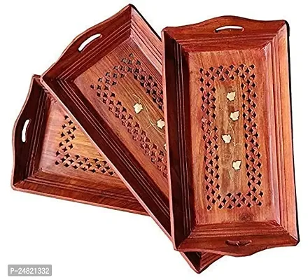 SABA Handicraft Wooden Coffee Tray Set of 3.Size 14inch 13ich 11ich Handcarved Coffee, Tea and Snacks Serving Trays