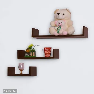 Solander Hanging Floating Wall Mount Display U Shape Engineered Wood Wall Shelf, Wall Rack Shelf for Living Room Decoration Set of 3 (Brown)-thumb0