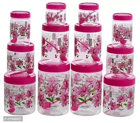 Classic Round Airtight Transparent Beauty Fresh Flower Printed Jars with Spoons 2pcs of 250ml 2pcs of 500ml 2pcs of 750ml 2pcs of 1000ml 2pcs of 1500ml 2pcs of 2000ml PINK Colour Pack of 12 pcs Jars and 12 pcs of Spoons PINK-thumb0