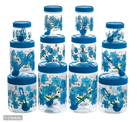 Classic Round Airtight Transparent Beauty Fresh Flower Printed Jars with Spoons 2pcs of 250ml 2pcs of 500ml 2pcs of 750ml 2pcs of 1000ml 2pcs of 1500ml 2pcs of 2000ml Blue Colour Pack of 12 pcs Jars and 12 pcs of Spoons Blue-thumb0