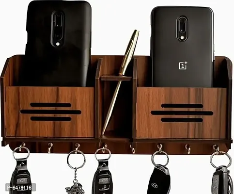 Designer Wooden Key Holder With Double Mobile Stand And Pen Holder - 7 Hooks, Brown