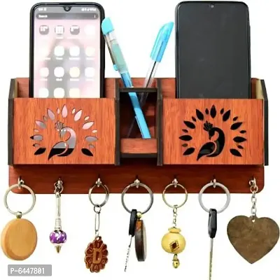 peacock with mobile stand and pen holder wood key holder Wood Key Holder (7 Hooks, Brown)Home and Office-thumb0