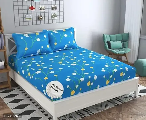 Stylish Blue Cotton Blend Double One Bedsheet With Two Pillow Covers-thumb0