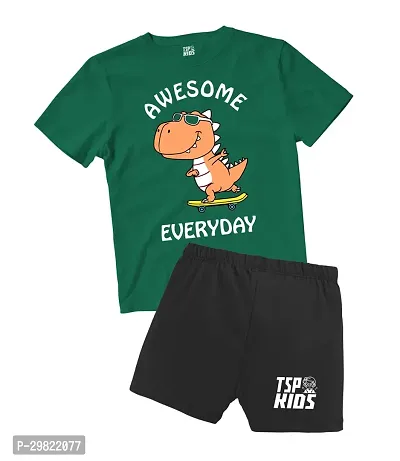 Fabulous Green Cotton Printed T-Shirts with Shorts For Boys