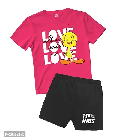 Fabulous Pink Cotton Printed T-Shirts with Shorts For Boys