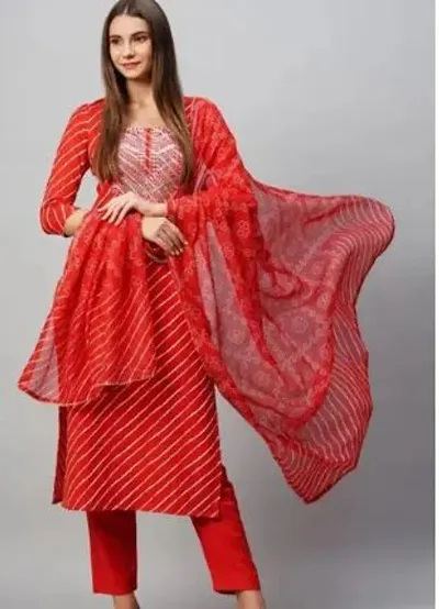 Stylish Cotton Blend Straight Printed Kurta With Bottom and Dupatta Set