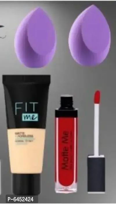 Foundation, red matte lipstick and 2 blander