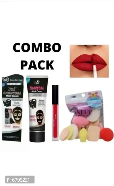 Charcoal face mask, red long-lasting liquid matte lipstick and makeup sponge packet