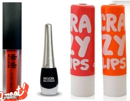 Red liquid matte mini lipstick, black liquid Eyeliner and 2 crazy lips lip balm