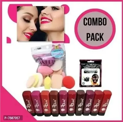 Pack of 10 lipstick, makeup sponge packet and charcoal face mask Pouch