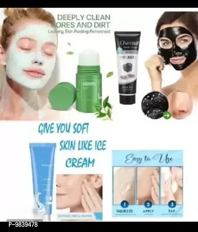 Green mask stick, charcoal face mask and ice-cream mask