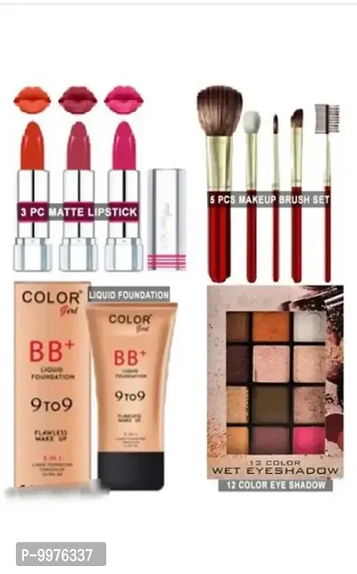3 multicoloured lipstick, 5 makeup brush, foundation and 18 shade eyeshadow makeup combo-thumb0