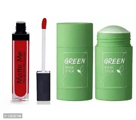 Green mask stick and matte me red lipstick