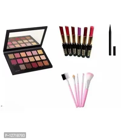Rose gold eyeshadow, 6 multicoloured NYN LIPSTICK, 5in1 makeup brush and 1 kajal stick