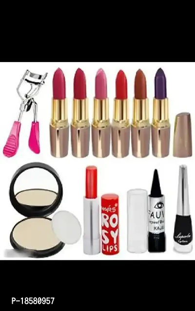6 Lipsticks (random color), 1 eyelashes curler, 1 compact, 1 crazy lip balm, lipstick shape kajal and liquid black Eyeliner