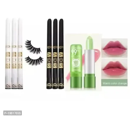 3 pcs of ads white container kajal sticks, 3 pcs of black container kajal sticks , 1 pair of eyelashes and alovera lip balm lipstick