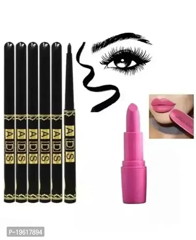6 pcs of ads black container kajal sticks and pink lipstick