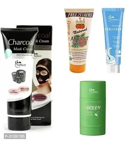 Green Mask Stick, Icecream Face mask, Charcoal Peel Off Mask and Natural Apricot Scrub(Combo Pack of 4)