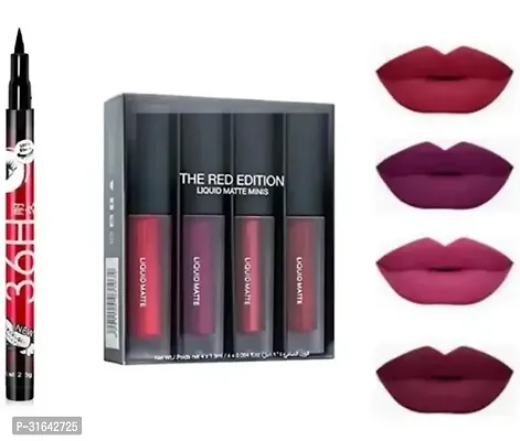 The Red Edition Liquid Matte Mini Lipsticks(Set of 4)  One 36H EyeLiner ( Combo Pack of 2)-thumb0