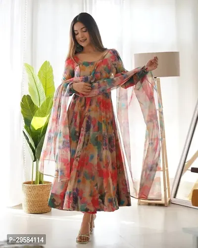 Beautiful Georgette Printed Gown With Dupatta For Women