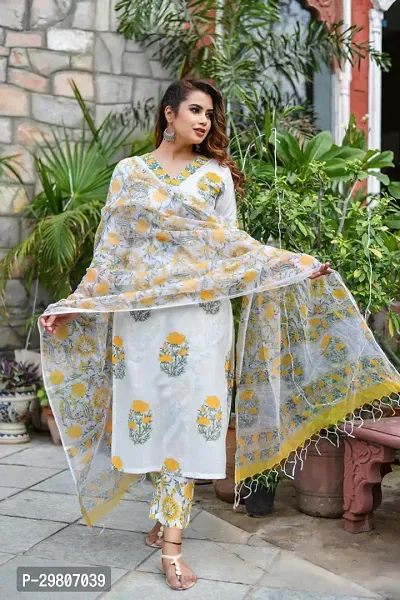 Beautiful Cotton Floral Printed Kurta with Pant And Dupatta Set-thumb0