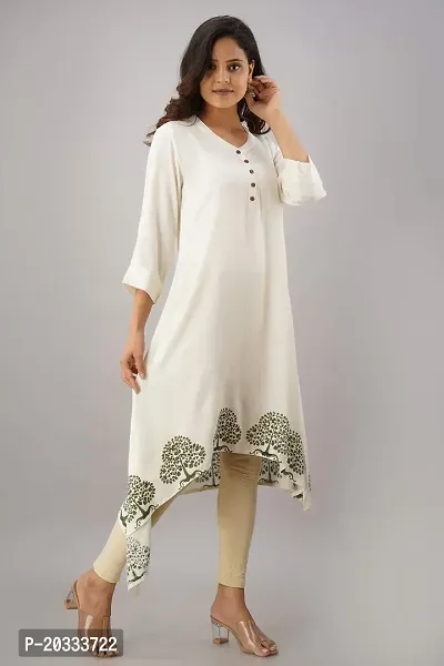 SewingKrafts Women's Green Handblock Printed A-Line Kurta with Asymmetrical Hem-thumb3