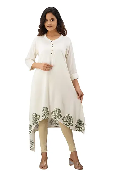 SewingKrafts Women's Handblock A-Line Kurta with Asymmetrical Hem