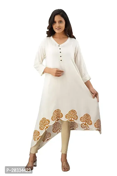 SewingKrafts Women Mustard Handblock Printed A-Line Kurta with Asymmetrical Hem Ethnic Designs Kurta Color Cream