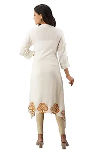 SewingKrafts Women Mustard Handblock Printed A-Line Kurta with Asymmetrical Hem Ethnic Designs Kurta Color Cream-thumb1