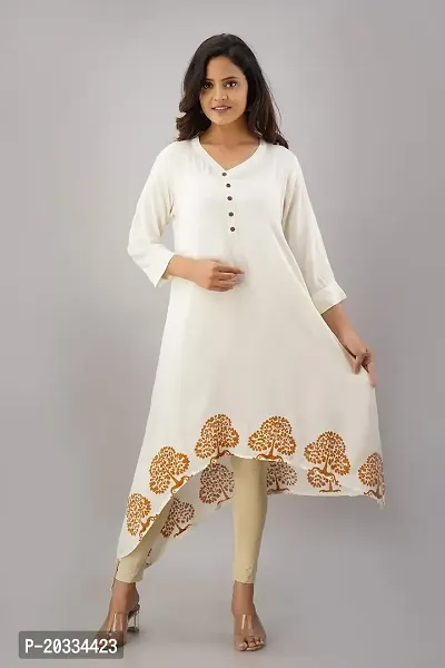 SewingKrafts Women Mustard Handblock Printed A-Line Kurta with Asymmetrical Hem Ethnic Designs Kurta Color Cream-thumb3