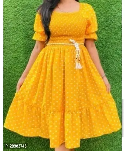 Stylish Yellow Cotton Printed Dress For Women-thumb0