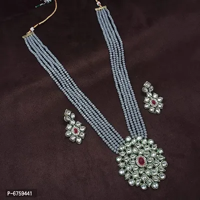 Grey Alloy Long Necklace with Earrings