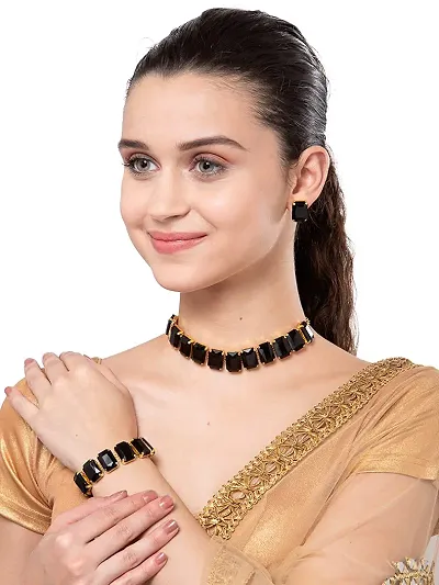 Stylish Fancy Designer Brass Pack Of 1 Necklace With 1 Pair Earring, 1 Bracelet And 1 Ring Jewellery Set For Women