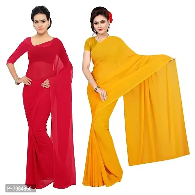 Sidhidata Textile Combo of 2 Women's plain Solid pure Georgette Saree With Unstitched Blouse Piece {Pack of Two} (Combo plain red-gold_Red  gold_Free Size)-thumb3