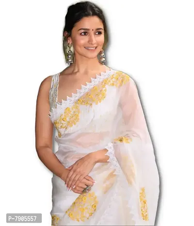 Sidhidata Women's Pure Georgette Embroidered Saree With Unstitched Blouse Piece(Gangubai_White_Free Size)-thumb0