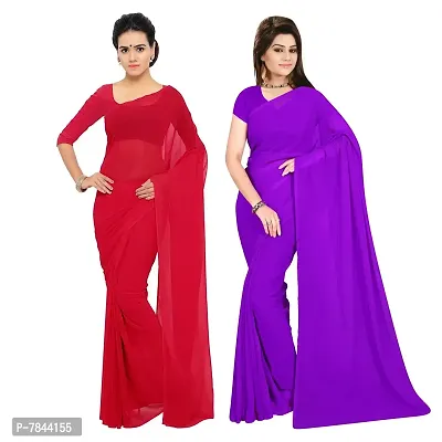 Sidhidata Textile Combo of 2 Women's plain Solid pure Georgette Saree With Unstitched Blouse Piece {Pack of Two} (Combo plain red-purple_Red  purple_Free Size)-thumb3