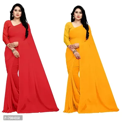 Sidhidata Textile Combo of 2 Women's plain Solid pure Georgette Saree With Unstitched Blouse Piece {Pack of Two} (Combo plain red-gold_Red  gold_Free Size)