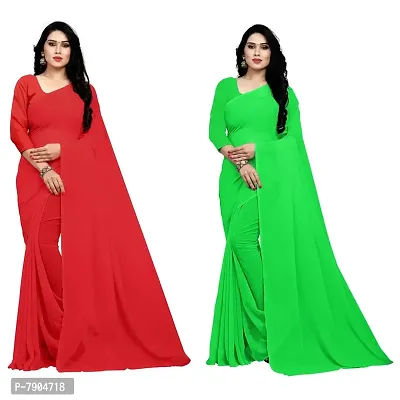 Sidhidata Textile Combo of 2 Women's plain Solid pure Georgette Saree With Unstitched Blouse Piece {Pack of Two} (Combo plain red-parrot green_Red  parrot green_Free Size)