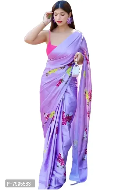Sidhidata Textile Women's Satin Digital Printed Saree With Unstitched Blouse Piece (Purple)