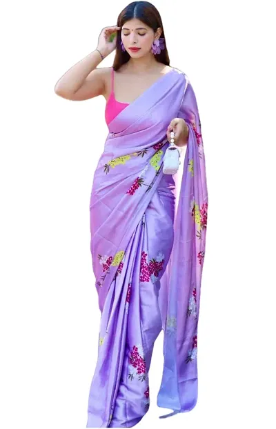 Sidhidata Textile Women's Satin Digital Saree With Unstitched Blouse Piece (Purple)