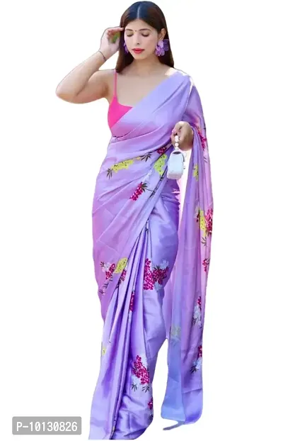 Beautiful Satin Printed Saree With Blouse Piece For Women-thumb0