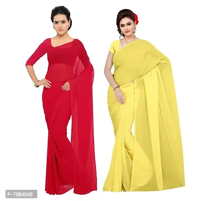 Sidhidata Women's Georgette Saree With Blouse Piece (combo plain red-lemon yellow_Multicolored)-thumb3