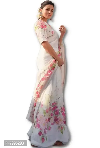 Sidhidata Textile Women's Digital Floral Printed Pure Cotton Linen Saree With Unstitched Blouse Piece (Alia White_White_Free Size)-thumb2