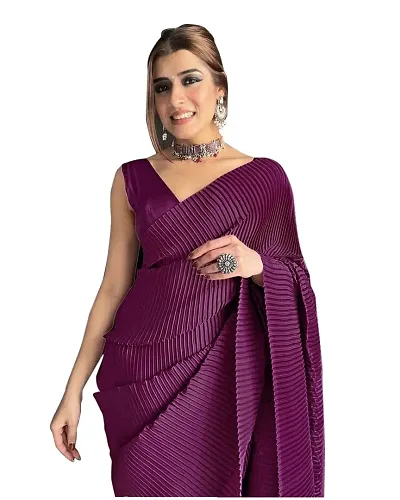 Full Crushed/Pleated Satin Saree With Unstitched Blouse Piece